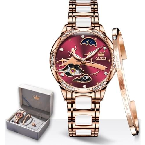 OLEVS Luxury Women Mechanical Skeleton Watches Set with Diamond Ceramic and Stainless Steel Strap Band Elegant Bracelet Gift Kit