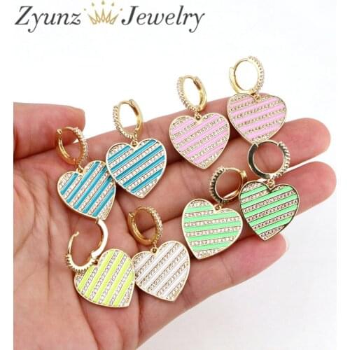 5 Pairs, 2021 Copper Women Enamel Hoops Earrings CZ Micro Pave Colorful Heart Pendientes Dangle Ear Rings for Women Jewelry