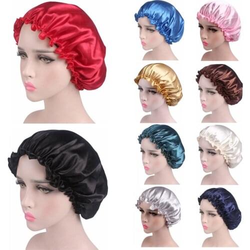 Pure Color Silk Satin Hat Night Sleep Cap Hair Care Beauty Bonnet Hat Head Cover Elastic Band Silk Head Wrap Adjust Shower Cap