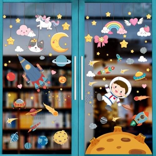 [SHIJUEHEZI] Cartoon Stars Clouds Wall Stickers DIY Planets Rockets Astronaut Wall Decals for Kids Rooms Nursery Home Decoration