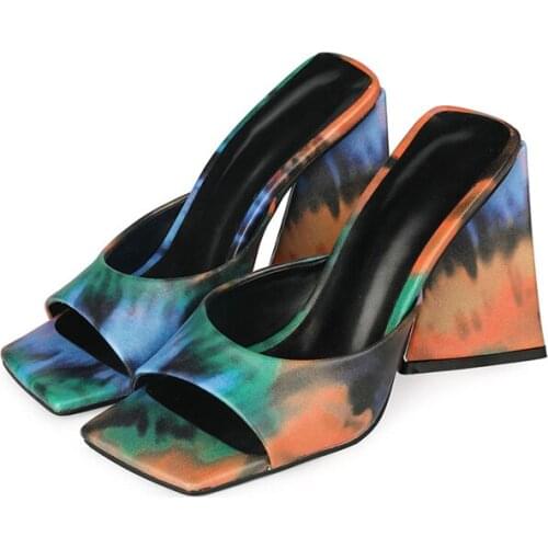Tie-Dye Green Shoes For Women Fashion 3D Print High Heel Sandals British Style Slippers Plus Size 45 Square Toe Outside Slippers