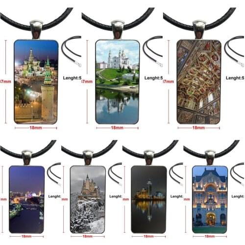 Hdr Moscow Russia Kremlin Vintage Jewelry Steel Color Glass Cabochon Choker Pendant Long Rectangle Necklace For Women Wedding