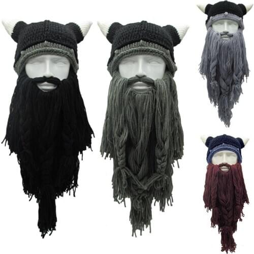 Adult Crazy Funny Halloween Cosplay Knitted Viking Beard Horn Hat Ski Mask Barbarian Vagabond Vintage Beanie Cap Winter Warmer
