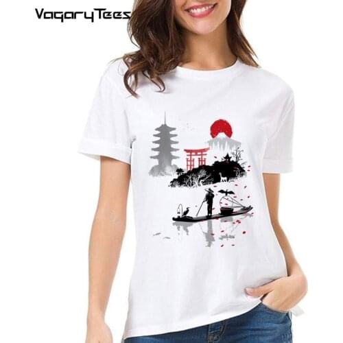 Nature Art Design temple torii sun mountain womens T-Shirt Japanese fishermen Print T Shirt Summer Style Tops Tee