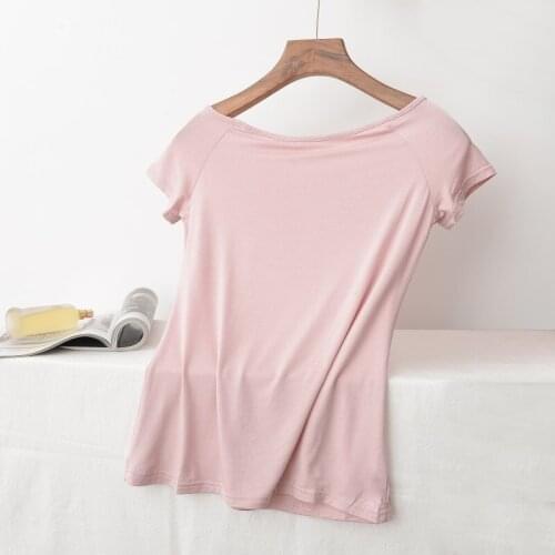 Modal Slash Neck Women T-shirts 2021 Summer New Solid Short-sleeved Slim Casaul Oversized Female Pulls Tops Tees