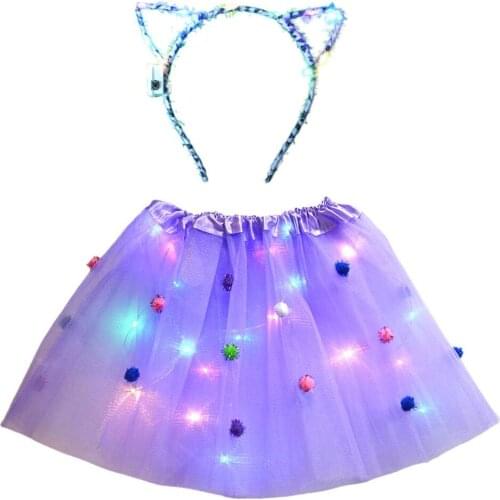 Women Girl Light Up Pompon Ball Tutu Skirt Glow Luminous Cat Leopard Cosplay Princess Costume Bunny Ear Set Birthday Party Gift
