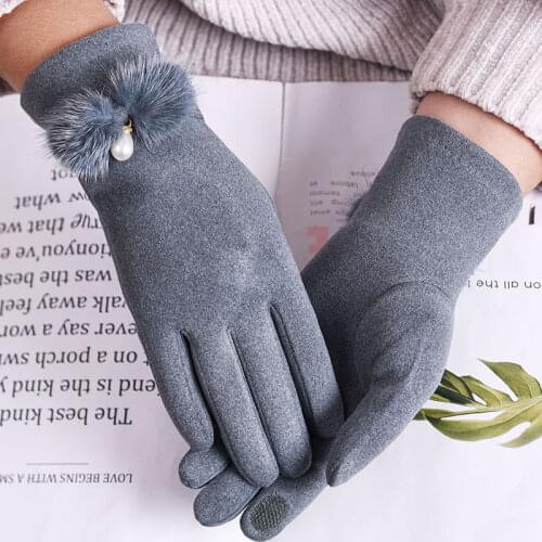 Womens Pearl Touch Screen Driving Gloves For Sports Winter Mink Fur Bow Plus Velvet Thicken Full Finger Warm Cycling Mitten R29