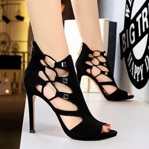 European and American Roman Style Female Super High Heel Waterproof Platform Suede Sexy Nightclub Slim Rivet Hollow Sandals