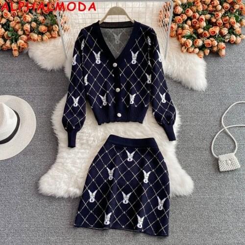 ALPHALMODA V-neck Pattern Cardigan Sweater Coat Waist Hip Wrap Skirt Suit Celebrity Style Elegant Women 2pcs Knitted Set