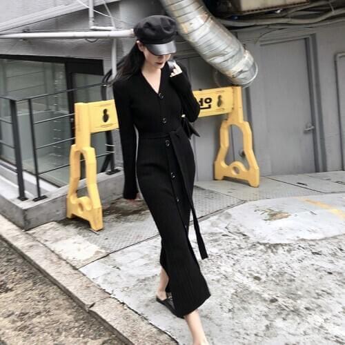 Women Long Sweater Dresses Knitted Women Maxi Dress Autumn Winter Fashion V-neck Sweater Dress