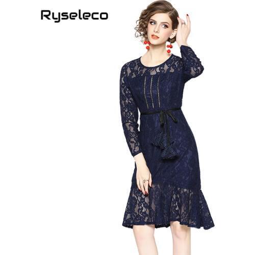 Women 2019 Spring Lace Dresses Office Lady Casual High Fashion Cut Out Floral Lace Ruffles Fish Tail Mermaid Party Work Wear OL