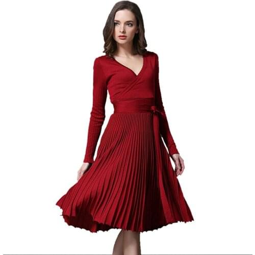 Women Elegant Winter Spring Pleated Dress Office Lady Dresses With Sashes V-Neck Solid Vintage Vestidos 7 Colors SW042