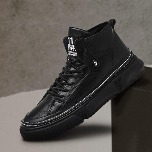 2021 Breathable Leather Casual Men Leisure Fashion High top Increased Heavy-bottomed Slip-On High Quality Solid Color Shoes