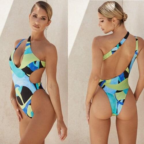 2021 Summer Sexy One Piece Swimwear Women Print One Shoulder Push Up Monokini Brazilian Bathing Swimsuit Beachwear Mujer