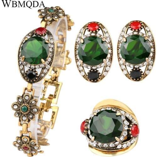 3 Pcs/lot High Quality 2018 Fashion Gold Color Bridesmaid Party Green Jewelry Sets Earrings Bracelet Rings For Women