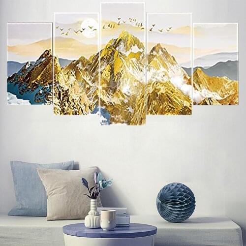 5 Pieces Wall Art Canvas Painting Moon Birds Nature Gold Landscape Poster Morden For Office Bedroom Decoration Pictures