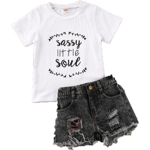 1-6Y Kid Baby Girls Clothes Sets Letter Print Short Sleeve T Shirts Tops+Denim Shorts 2pcs