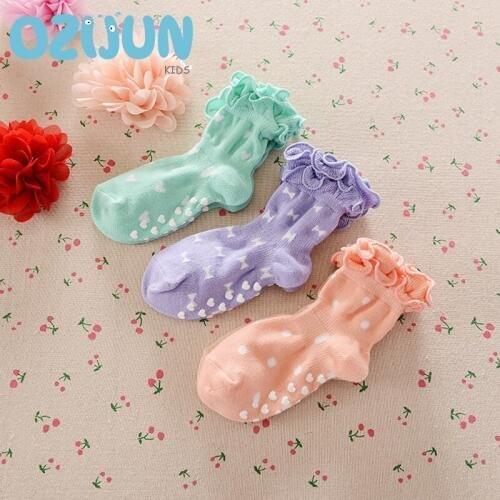 3 Pairs/Set Baby Girls Anti Slip Love Three-layer Stringy Selvedge Cotton Short Socks S/M/L 1-5 Years Children Girls Socks