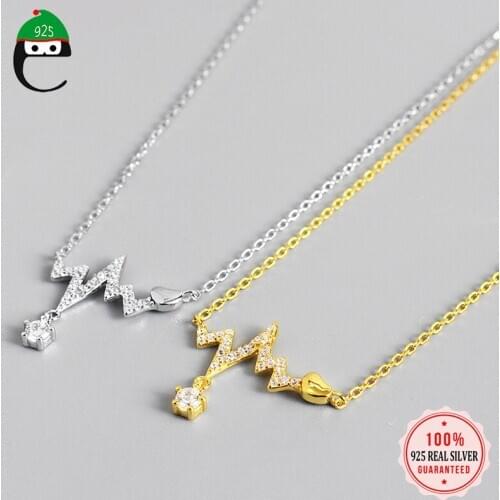 ElfoPlataSi Real 925 Sterling Silver Fashion Sweet ECG Heart Dazzling CZ Choker Necklace For Fashion Women Fine Jewelry DS1085