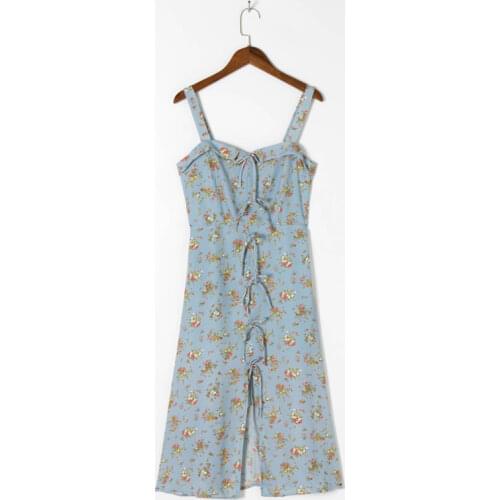 Summer Womens Casual Flower Printed Bowknot Decorated Slim Sling Dress