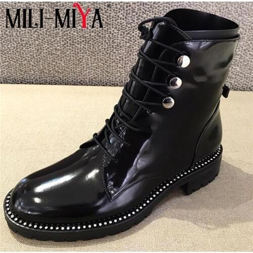 MILI-MIYA Genuine Leather Women Ankle Boots Waterproof Spring/Autumn Solid Pointed Toe Square Heels Handmade