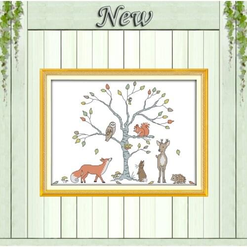 Tree and animals Deer Fox squirrel painting counted printed on canvas DMC 11CT 14CT kits Cross Stitch embroidery needlework Sets