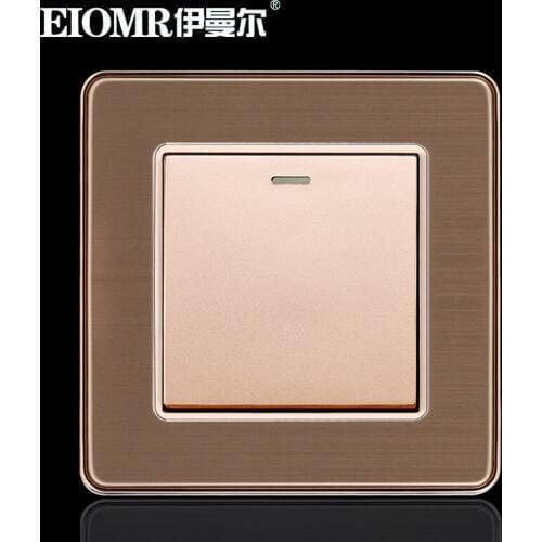 86mm EU Golden Stainless Steel Metal Wire Drawing Wall Switch for Household Power Supply 1Gang 2Way Switch 250V 16A