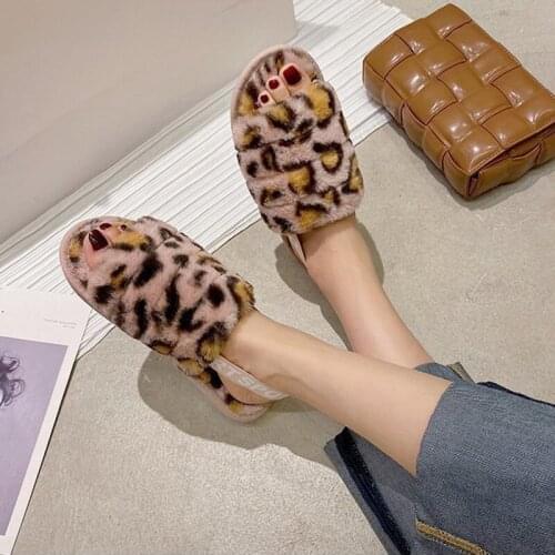 New Leopard Print Furry Soft-soled Slippers Women New Fashion Platform Open-toe Back Strap Elastic Band Home Warm Furry Slides