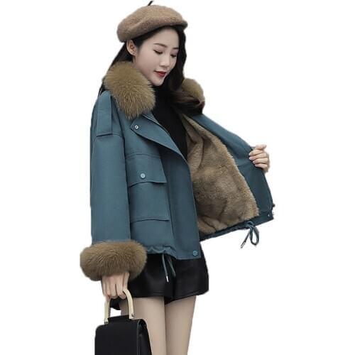 Fashion Womens Coat New 2020 Autumn Winter Coats Parkas Short Faux Fox Fur Collar Lamb Down Thicken Warm jackets blue Outwer