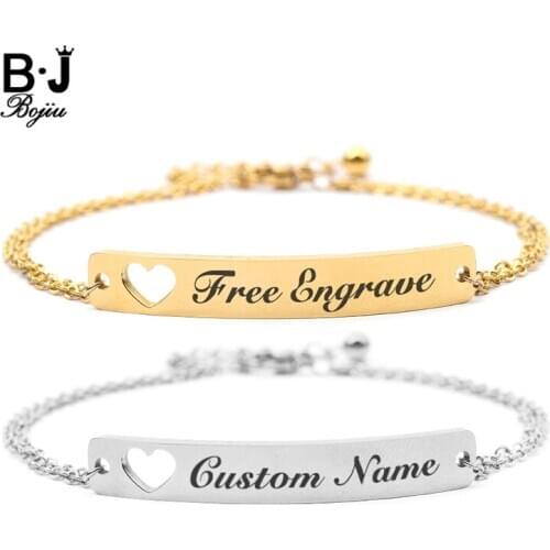 Gold Silvery Stainless Steel Personalized Custom Bracelets For Women Men Couple Engrave Name Letter Nameplate Bracelet BC373