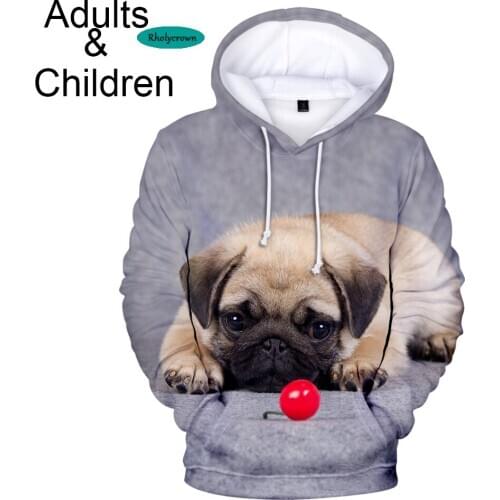 Popular new 3D pug casual childrens hoodie autumn and winter fashion 3D mens and womens hoody Harajuku gray pullover