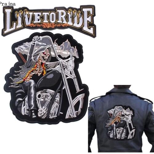 Prajna Punk Motorcycle Grim Reaper Patches Embroidered Patches For Clothing Live To Ride skull Iron On Patches For Clothes Decor