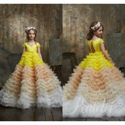 Luxury Flower Girl Dresses for Wedding Tiered Tulle V Neck First Communion Dress Girls Pageant Gown Custom Made