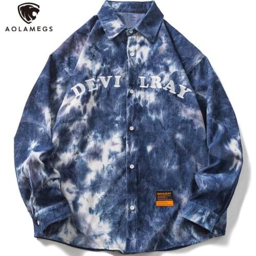 Aolamegs Corduroy Mens Shirts Tie-dyed Letter Embroidery Shirts For Men Long Sleeve Vintage Clothes Casual Harajuku Streetwear