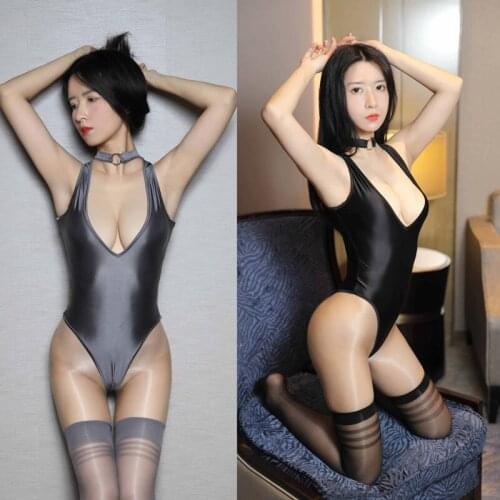 Sexy Lingerie Pajamas Hanging Neck Ring Deep V Low-Cut Perspective Temptation Oily Off The Crotch Ice Silk Bodysuit + Stockings