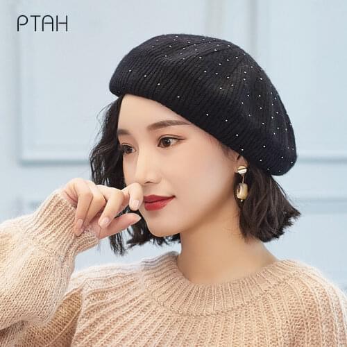 [PTAH] Knitted Hat Women Winter Hats for Women Ladies Brand Pure Color Outdoor Shipping Girls Cap Female Skiing Warm Woolen Hat