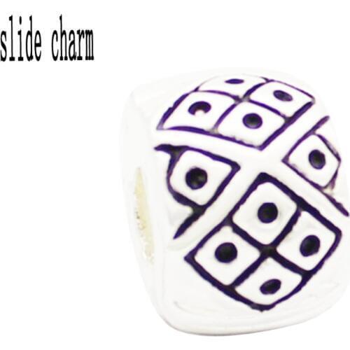 Slide charm Free shipping Tian grid square buckle silver plated charm beads Fit Pandora bracelet