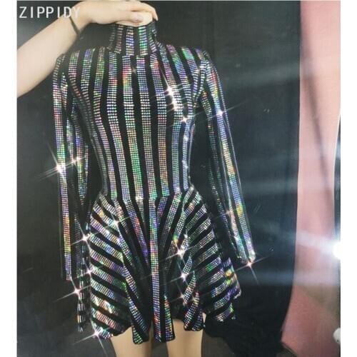 Full Bling Sequins Dress Birthday Celebrate Black High-collar Outfit Prom Dance Women Singer Show Evening MINI Dress