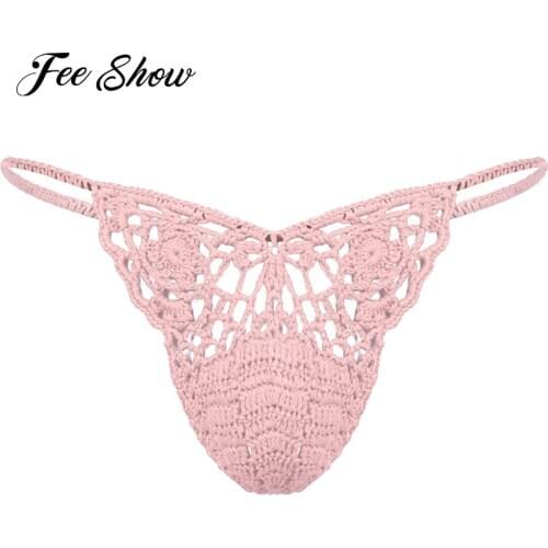 Sexy Men Handmade Crocheted G-String Underwear Hollow Out Bulge Pouch Briefs Elastic Waistband T-Back Thongs Sunbathing Swimwear
