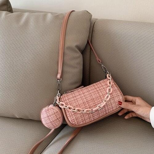 2pcs Woolen Splicing Shoulder Bag For Women 2021 Plaid Pattern Crossbody Bag Female Chain Underarm Bag Composite Tote Bags Bolsa