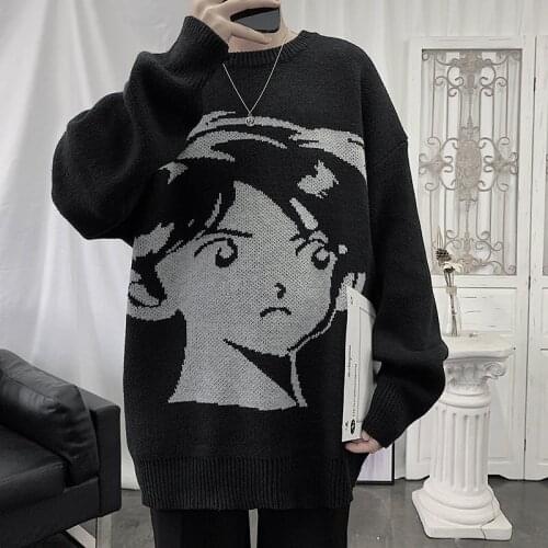 New Anime Print Cartoon Harajuku vintage Streetwear knitted sweaters Autumn winter loose thicken warm hip hop pullover men top