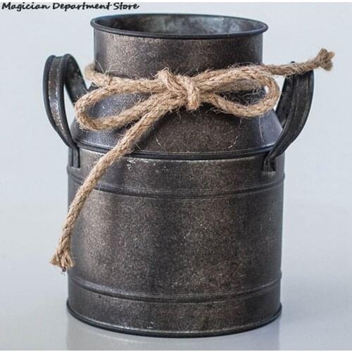 Vintage Old Tin Bucket Flower Bucket Flower Pot Vase Decor Ornaments Furnishings Prop Garden European Middle Ages Milk Jug Retro