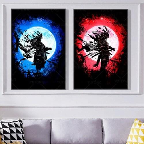 Japanese Ghost Samurai Under Moon Canvas Painting Posters and Prints Modern Wall Art Pictures for Living Room Decoration