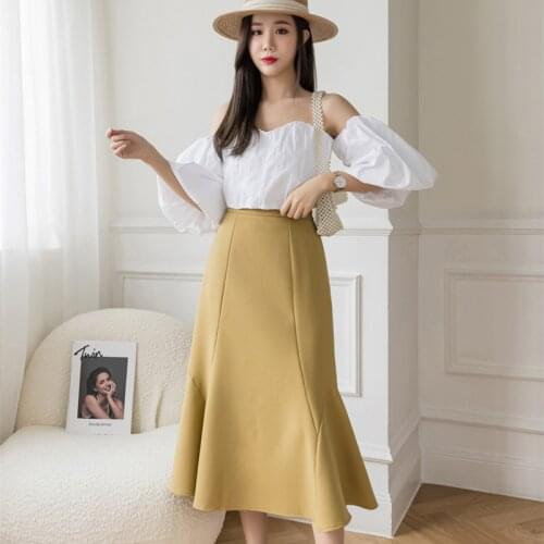 Korean Fashion Skirts High-waisted Long Woman Skirt Summer Solid Mid-calf Sexy Skirts Women Irregular Fishtail Skirts for Female