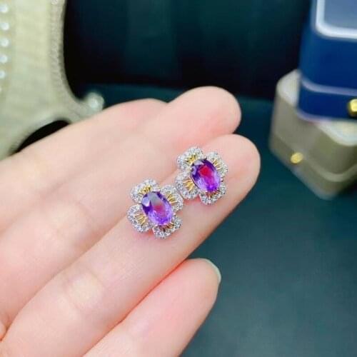 925 Sterling Silver Stud Earrings High Quality Woman Fashion Jewelry New Natural Amethyst Hot Sale Earrings