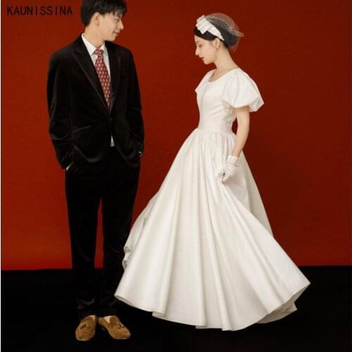KAUNISSINA High Quality Satin Wedding Dresses Women O-Neck Puff Sleeves Pleated A-Line Bridal Vestidos Simple Court Bride Dress