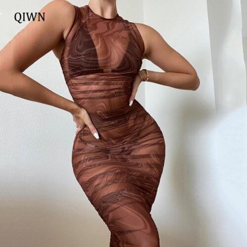 Fashion Swirl Print Mesh See Through Midi Dress Women Night Club Party Sleeveless Sexy Dresses Bodycon Clothes