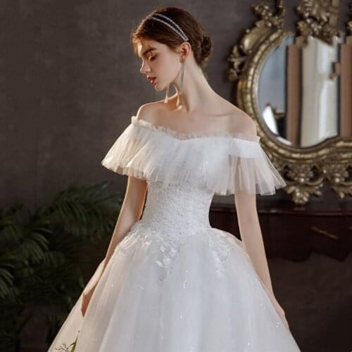 Robes de soiree New Bride Dress Sexy Off the Shoulders Ruffles Appliques Sweet Korean Floor Length Simple Wedding Party Dress