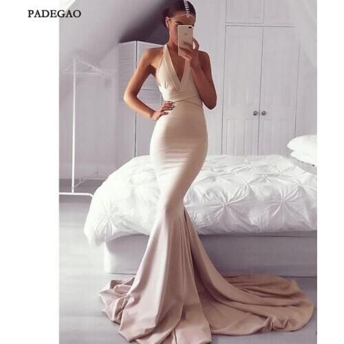 Modern Evening Dresses Mermaid Halter Party Dress Sexy Deep V Neck Open Back Sweep Train Plus Size Evening Dress