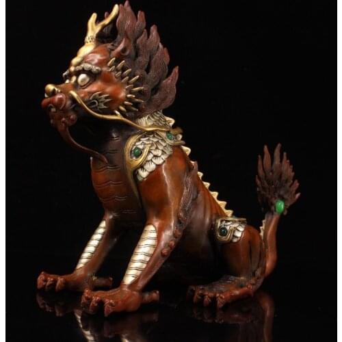 12" Tibet Buddhism Temple bronze Gilt true Gold and silver Inlaid gems Unicorn statue Fire unicorn statue Ward off evil spirits